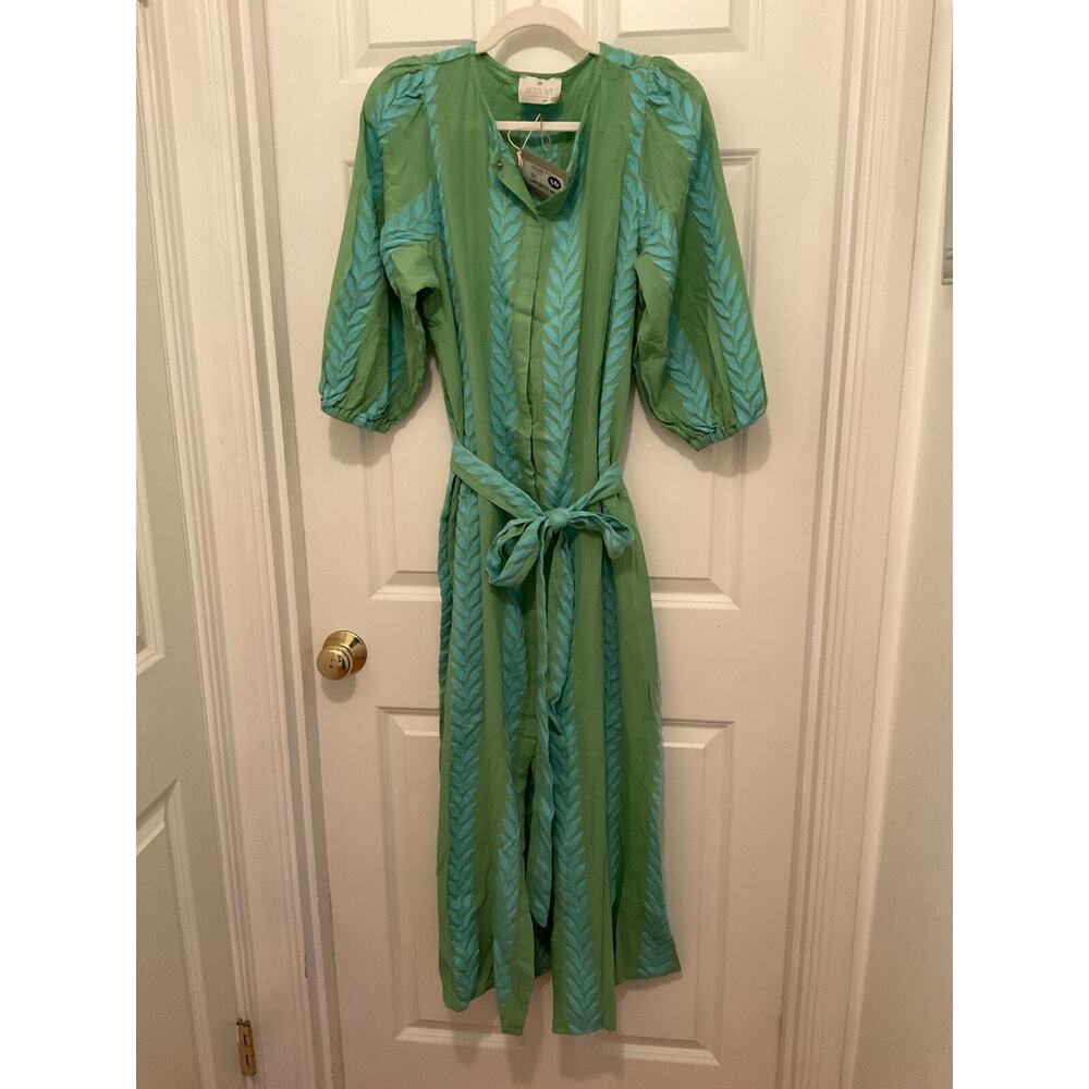AUGUST RESORTWEAR ZAKAR GREEN LAUREL LEAF BALLOON SLEEVE MAXI DRESS SZ XS/S $240